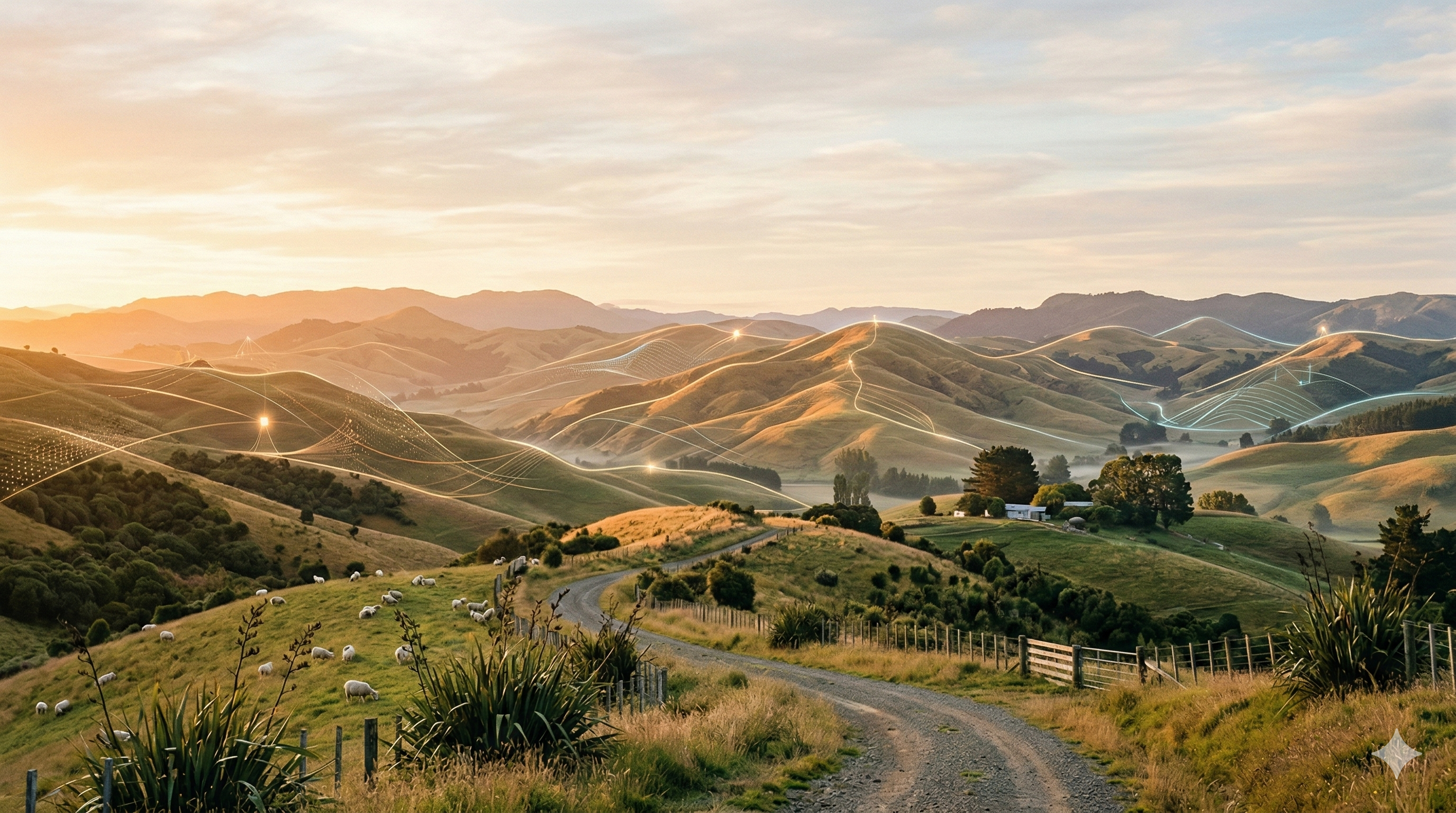Wairarapa hills and town with a subtle tech overlay
